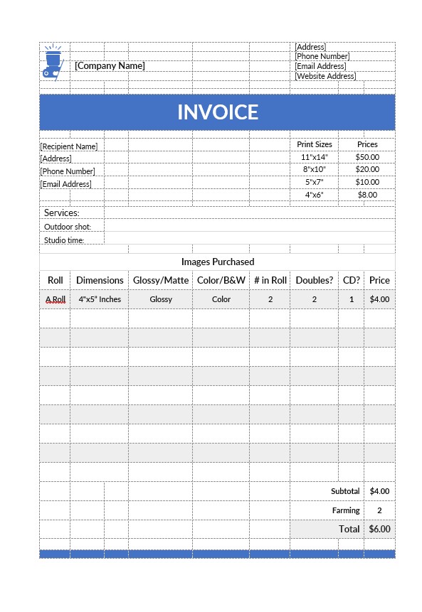 Simple Photography Invoice Template PSD template